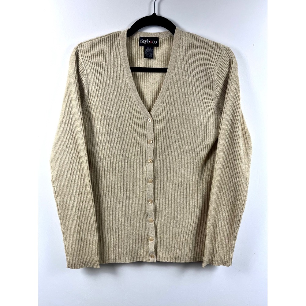 Style & Co. Gold Metallic Ribbed Cardigan Sweater Women's Size Small Button Up